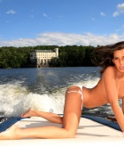 Calista, brunette, topless, pose, boat, outdoors, lake