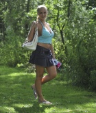 Marketa Pechova, blonde, strip, busty, outdoors, fan