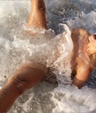 Angelina, blonde, strip, see through, beach, wet