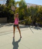 Chanel, blonde, strip, tennis, shorts, racquet
