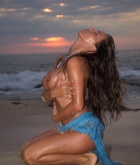 Kyla Cole, brunette, strip, beach, wet, sand, sunset