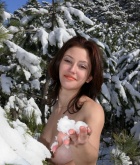 Ornella, brunette, nude, coat, snow, cold, busty