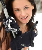 Maria, brunette, strip, ski, snow, cold, outdoors