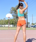 Chloe, brunette, strip, basketball, outdoors