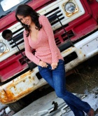 Brcyi, brunette, strip, busty, outdoors, truck, boots