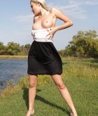 Nelly, blonde, strip, outdoors, lake, dress