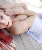 Gabriella Lupin, redhead, strip, negligee, outdoors