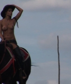 Melisa, brunette, topless, cowgirl, horse, hat