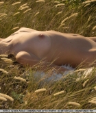 Mischa, blonde, nude, hill, outdoors, field, rug