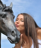 Anastasia Petrova, brunette, strip, car, horse, pose