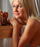 Karine, blonde, strip, chess, dress, chair