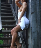 Katrin B, brunette, strip, dress, outdoors