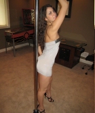 Pretty Marie, brunette, strip, pole, dress