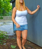 Tasha Cole, blonde, strip, skirt, busty, outdoors