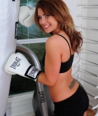 Stacy Shey, brunette, strip, boxing, gloves