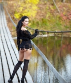 Mila L, brunette, strip, bridge, outdoors, stockings