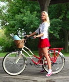 Ashley, blonde, strip, bicycle, picnic, skirt, outdoors