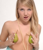 Sharon A, blonde, strip, cami, panties, pears