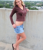 Lacey Brooks, blonde, flash, outdoors, skirt, busty
