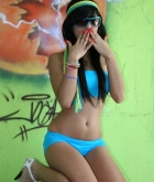 Sophia Sanchez, brunette, strip, thong, sunglasses