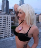 Lynn Pops, blonde, strip, tattoo, roof, outdoors, lingerie