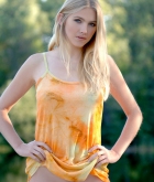 Erika E, blonde, strip, dress, outdoors, pose
