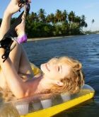 Alissa White, blonde, strip, sea, lounge, bikini, nude