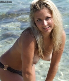 Natalie, blonde, topless, bikini, beach, pose
