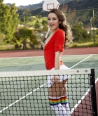 Dani Daniels, brunette, strip, nude, tennis, skirt