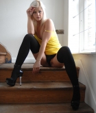 Bridget, blonde, strip, nude, stairs, window, stockings