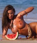 Kyla Cole, brunette, nude, busty, watermelon, ass
