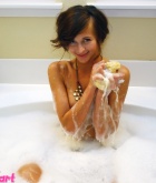 London Hart, brunette, nude, busty, bath, bubbles