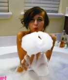 London Hart, brunette, nude, busty, bath, bubbles