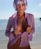Holly, purple, strip, nude, busty, ass, beach, shirt