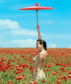 Sofiya R, brunette, nude, perky, ass, parasol, poppies