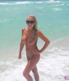 Devon Alexis, blonde, nude, busty, beach, pubic, sunglasses