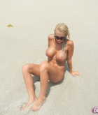 Devon Alexis, blonde, nude, busty, beach, pubic, sunglasses