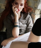 Kira W, redhead, strip, topless, perky, dress, abandoned