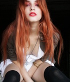 Kira W, redhead, strip, topless, perky, dress, abandoned