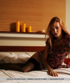 Kira W, redhead, strip, nude, perky, ass, bed, stockings