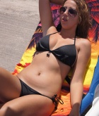 Beth, blonde, strip, topless, busty, beach, bikini