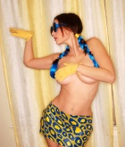 Carlotta Champagne, strip, nude, busty, glasses, costume