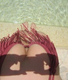 Lucy Vixen, redhead, strip, topless, busty, self, pool