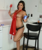 Briana Lee, brunette, strip, nude, busty, frosting, apron