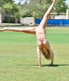 Veronica, blonde, strip, nude, cartwheels, outdoors