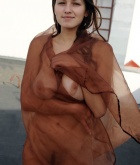 Sofi A, brunette, nude, busty, pose, roof, wrap