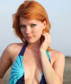 Mia Sollis, redhead, strip, nude, beach, wet