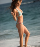 Amber Sym, brunette, strip, nude, busty, beach, bikini