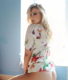 Jess Davies, blonde, strip, topless, busty, window