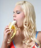 Jen, blonde, busty, boobs, strip, banana